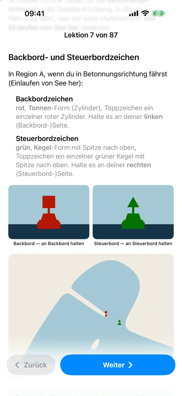 Nautly App: eine Lektion zu Backbord- und Steuerbordzeichen, mit Illustrationen