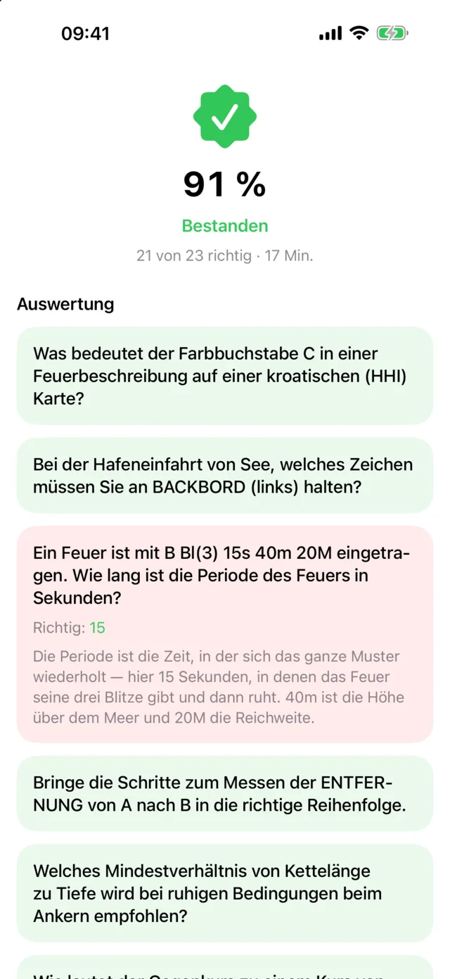 Nautly App: ein abgeschlossener Übungstest mit 91 Prozent, jede Antwort ausgewertet