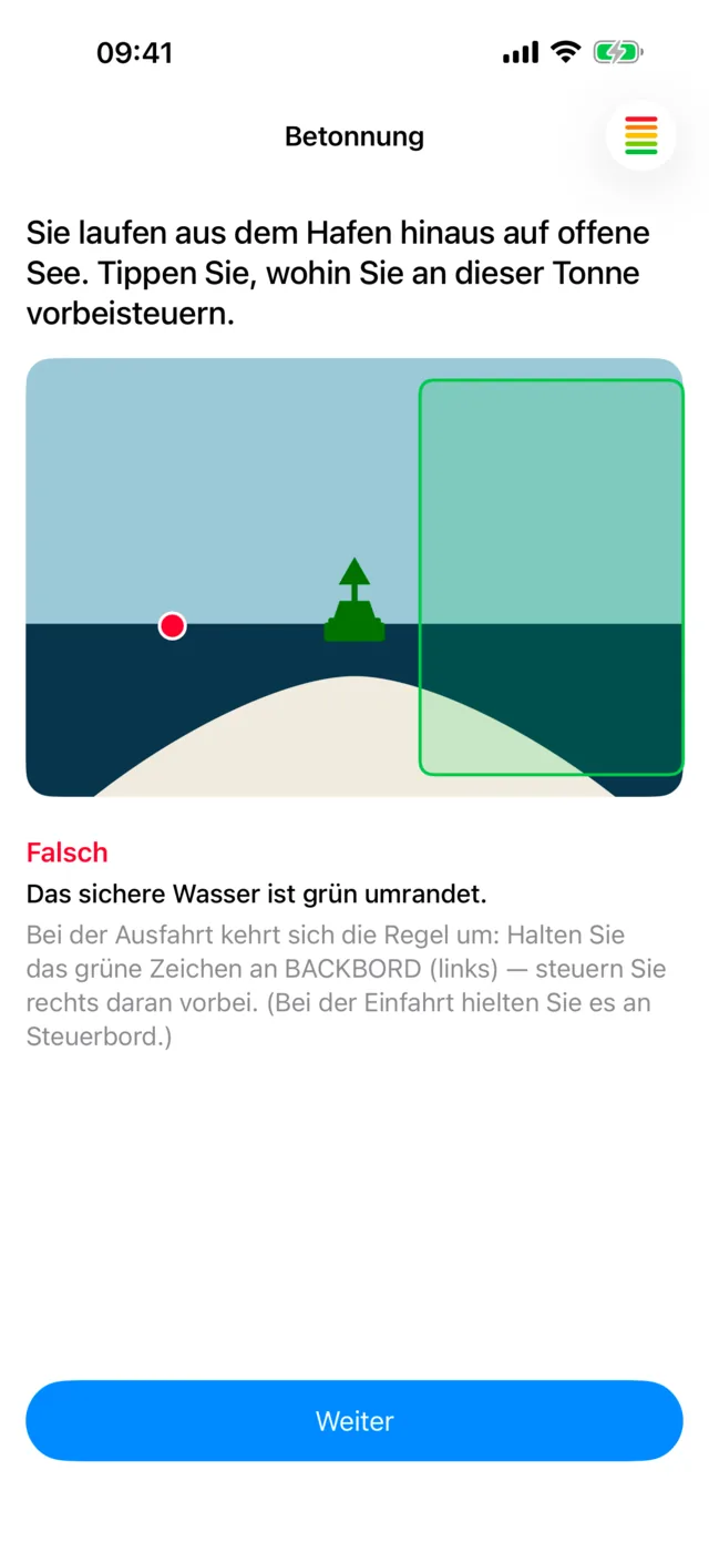 Nautly App: eine Übungsfrage — antippen, wo an der Tonne vorbeizusteuern ist, mit Erklärung