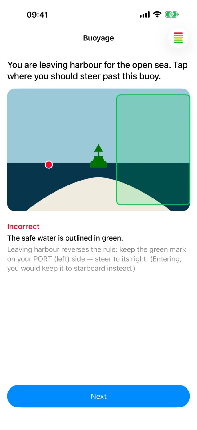 Nautly app: a Train question, tapping where to steer past a buoy, with the answer explained