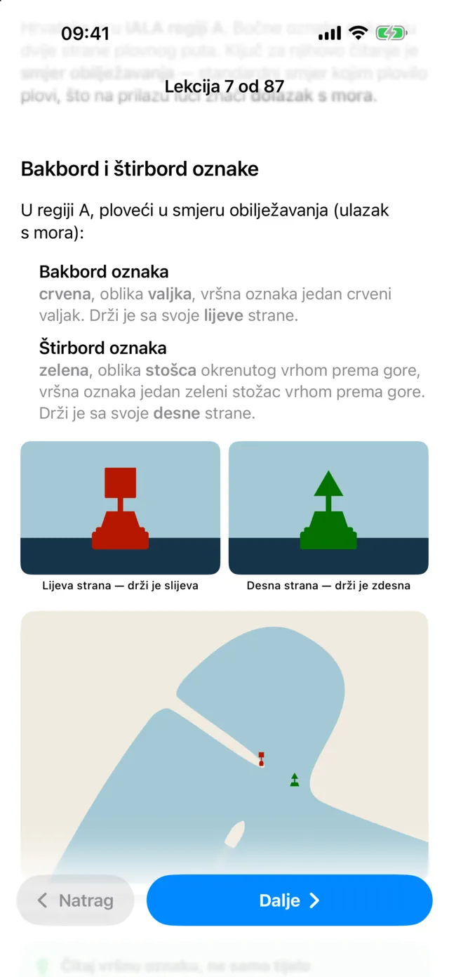 Nautly aplikacija: lekcija o bakbord i štirbord oznakama, s ilustracijama